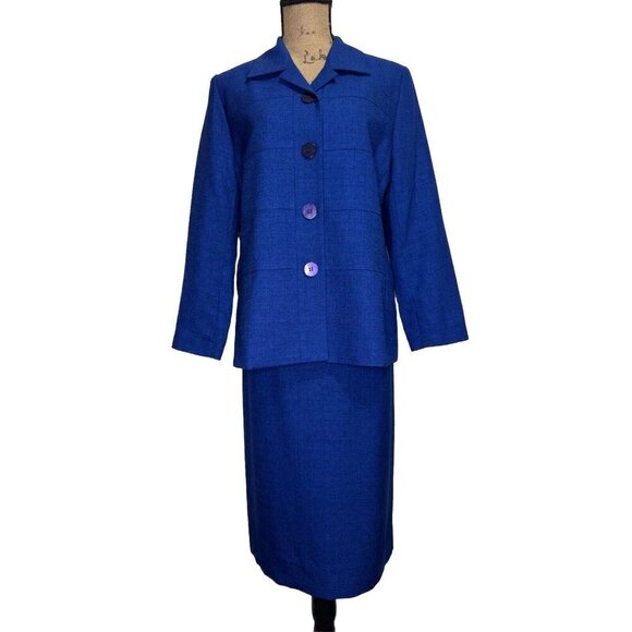 HENRY LEE Vintage Blazer Skirt Suit Set Cobalt Blue Sz Petite 12 Office READ - Picture 2 of 16
